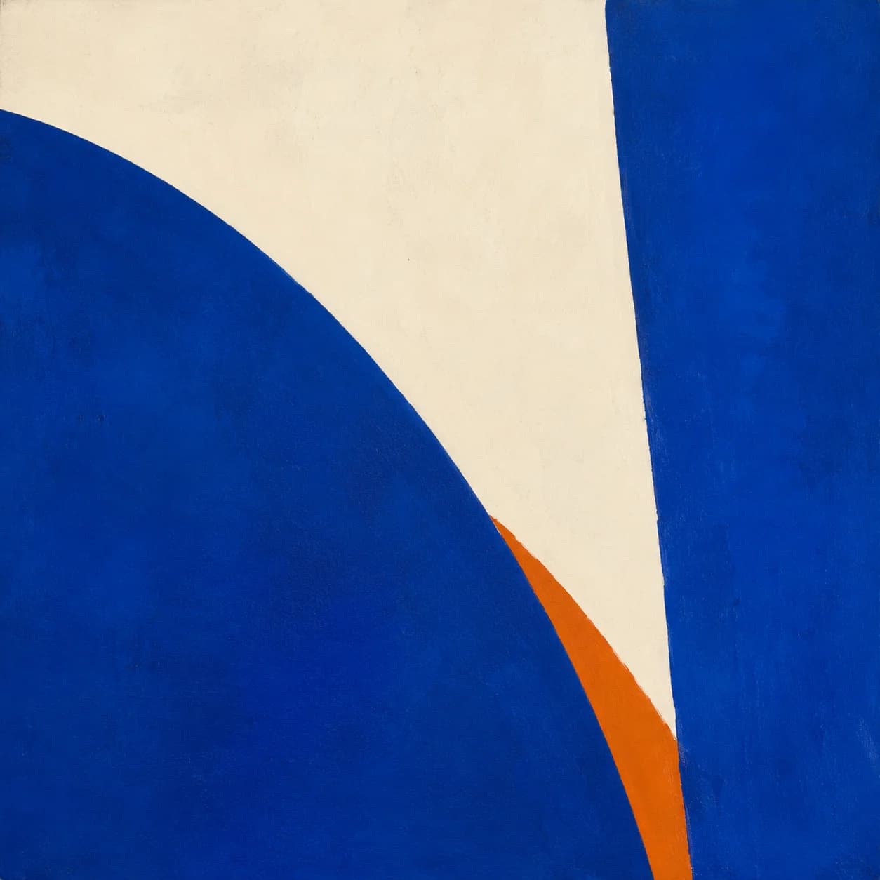 Abstract painting of two deep blue curved fields meeting a cream wedge, split by a thin orange arc